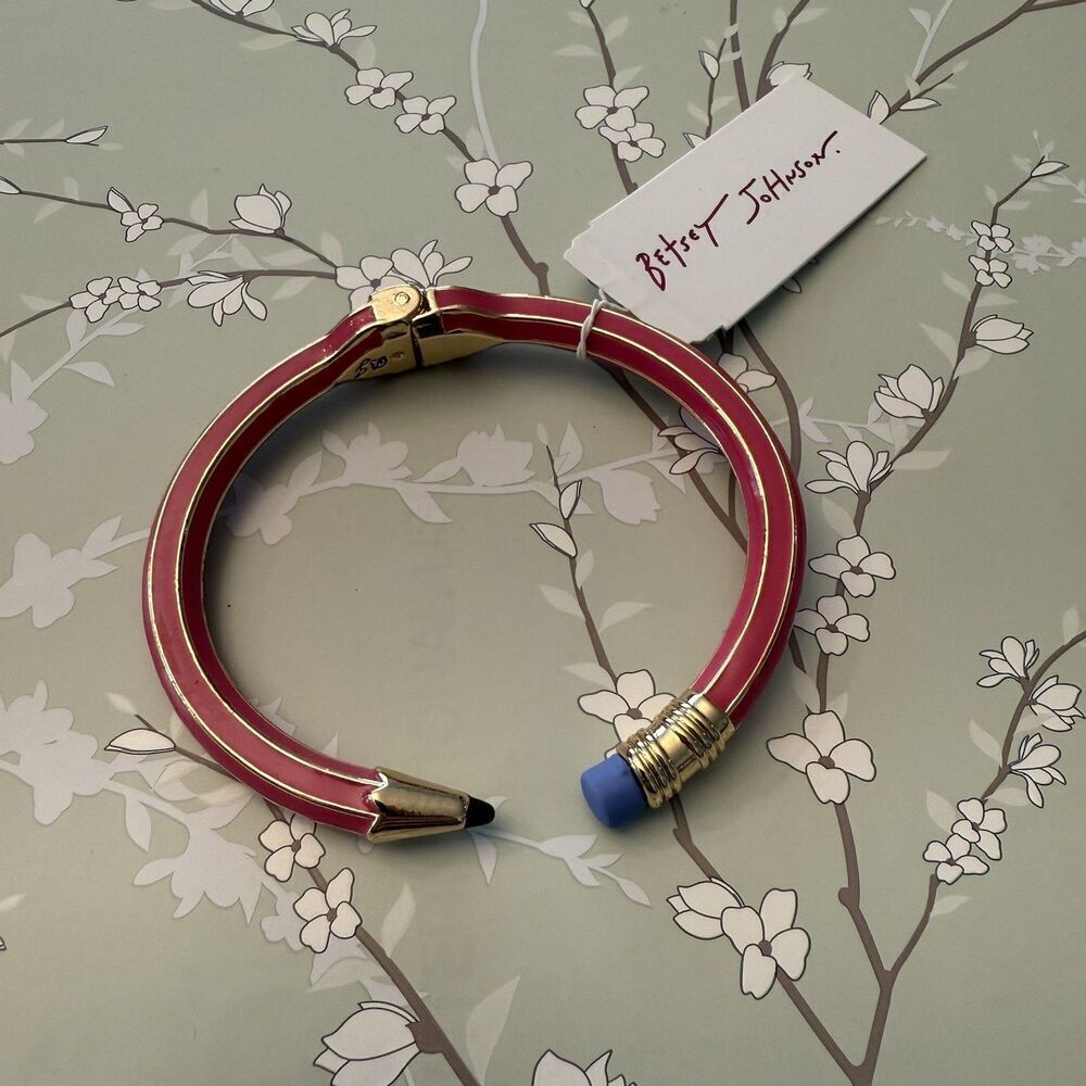 Betsey Johnson Open Hinge Enamel Pencil Bangle Bracelet Pink Purple & Gold NEW